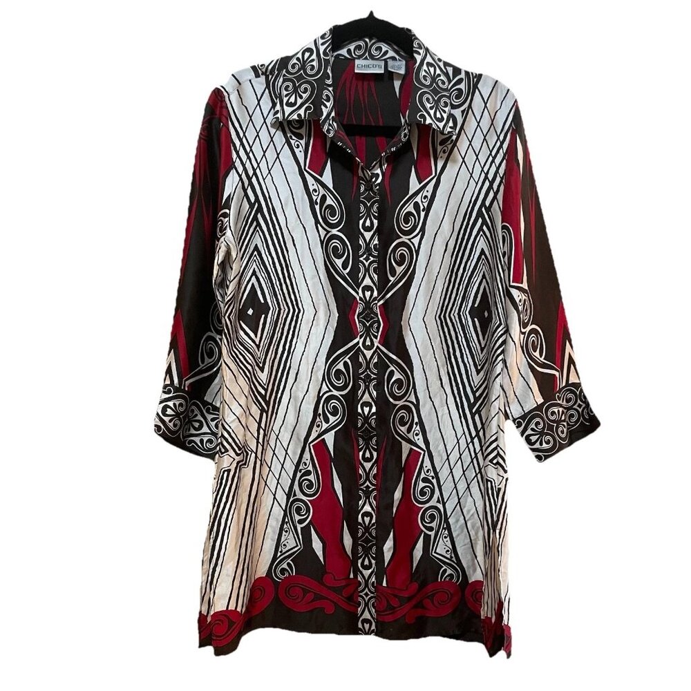 CHICO'S Black/Red/White Geometric 100% Silk 3/4 Length Sleeve Tunic Shirt Sz 1 (